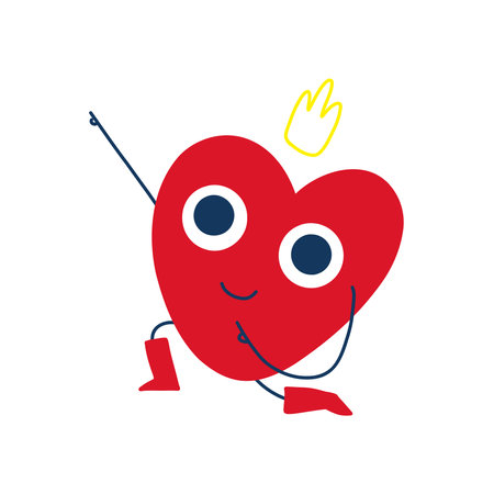 Red heart with arms and legs smiling happily, wearing a crown as it feels like a king. Isolated on a white background in flat-style vector illustration.のイラスト素材