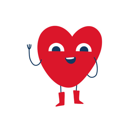 Cute heart-shaped emoji waving and smiling. Flat vector illustration of emotions, isolated on a white background. Perfect for stickers, messages, and social media.のイラスト素材