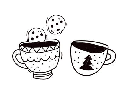 Hand-drawn black and white illustration of two festive cups with cookies. One cup features a Christmas tree design. Perfect for holiday decor, winter themes, and cozy drink illustrations.のイラスト素材