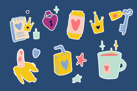 A set of flat-style stickers with an illustration of a heart, a cup of tea, juice, a banana, a key and a heart-shaped lock. Comic elements in trendy vintage style. Collection of whimsical doodlesのイラスト素材