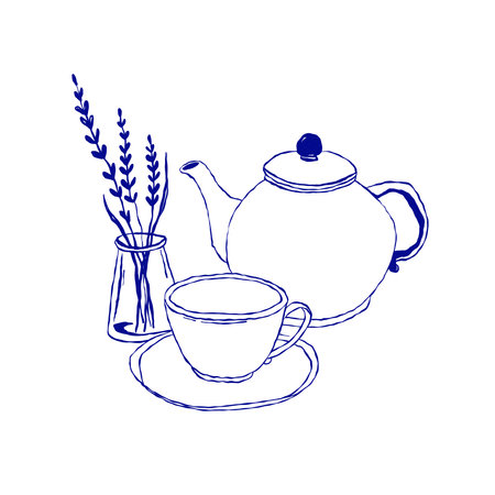 Hand-drawn blue line illustration of a tea set with a teapot, cup, saucer, and a glass vase with lavender. Minimalist and elegant tea-themed artwork for cafes, branding, and vintage designs.のイラスト素材