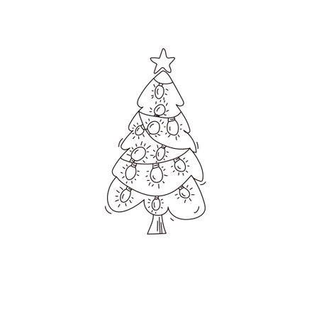 Hand-drawn Christmas tree with glowing lights and a star on top. Black and white doodle-style holiday illustration, perfect for greeting cards, decorations, and festive designs.のイラスト素材