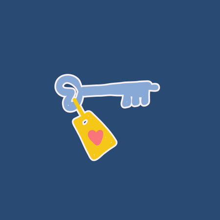 Hand-drawn vintage key with a tag featuring a heart symbol on a dark blue background. Minimalist and aesthetic design, perfect for branding, love concepts, and symbolic illustrations.のイラスト素材