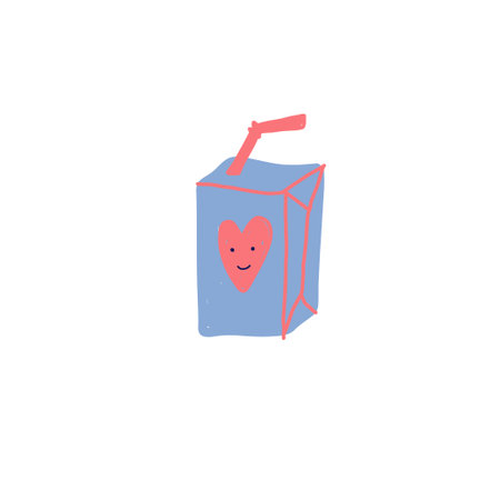 Cute kawaii juice box with a straw and a small heart on the side. Flat vector sticker in Y2K aesthetic, isolated on a white background. Perfect for stickers, digital art, and trendy designs.のイラスト素材