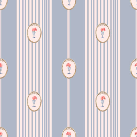Seamless watercolor pattern with roses in a vase framed in oval medallions, with classic vertical stripes in pastel blue and pink. For fabric design, wedding decorations, and retro wrapping paper.の写真素材