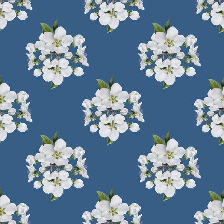 Seamless pattern with watercolor apple blossoms arranged in elegant clusters on a blue background. Suitable for invitations, fabric prints, packaging, and seasonal decor.の写真素材