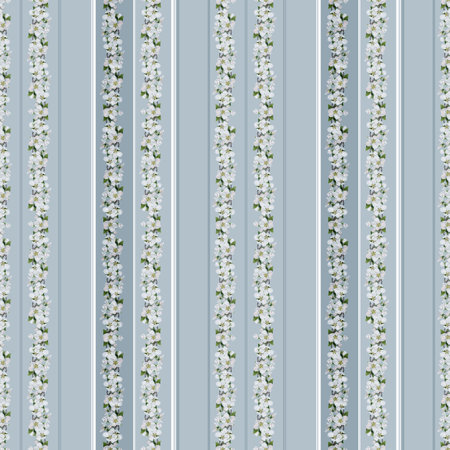 Seamless pattern with watercolor spring flowers arranged in vertical stripes on a soft blue background. Suitable for wedding invitations, wrapping paper, fabric prints, and seasonal designs.の写真素材