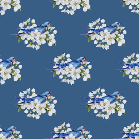 Seamless pattern with a blue swallow perched on apple blossom branches. Watercolor floral and bird design on a blue background. Perfect for wedding stationery, textiles, and summer decorations.の写真素材