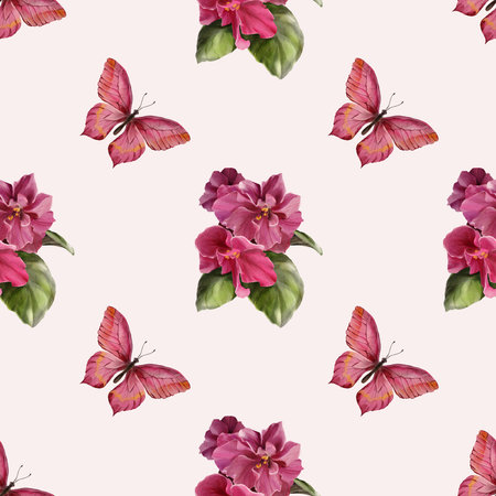 Seamless pattern featuring watercolor pink violet flowers and delicate butterflies on a pale background. Great for summer wedding invitations, textile prints, packaging, and romantic stationery.の写真素材