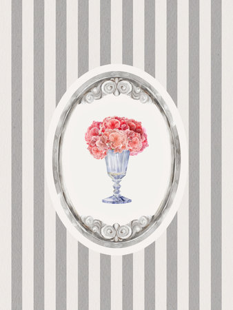 Watercolor oval frame with elegant vintage decoration and a bouquet of pink geraniums in a vase. Vertical gray stripes add a classical touch. Ideal for invitations and greeting cards.の写真素材