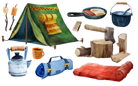 Watercolor illustration set with camping essentials: tent, kettle, marshmallows on sticks, firewood, sleeping bag. for adventure designs, stickers and forest-themed.の写真素材