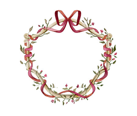 Elegant watercolor frame featuring an oval shape entwined with a red ribbon, floral vines, and a decorative bow. Perfect for invitations, greeting cards, and romantic designs.の写真素材
