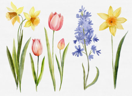 Hand-painted watercolor illustration set of spring garden flowers including tulips, daffodils, and a purple hyacinth. For seasonal decor, packaging, greeting cards, wedding and botanical designs.の写真素材