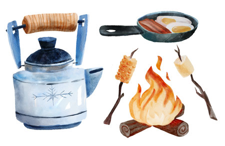 watercolor illustration of outdoor cooking gear: campfire, frying pan with eggs, metal kettle, marshmallow and corn skewers. for adventure design, picnic scenes, camping graphicsの写真素材