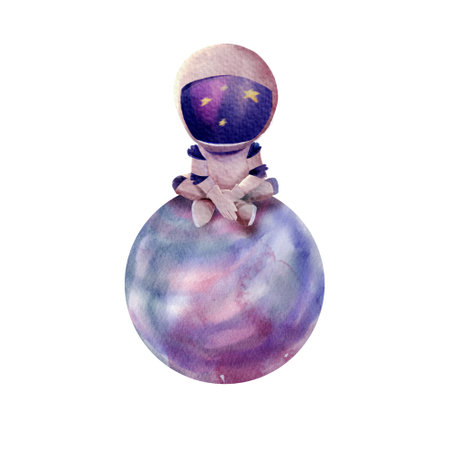 Watercolor illustration of a small astronaut in a space suit sitting on a dreamy purple-blue planet. for children's books, space-themed posters, and celestial artwork.の写真素材