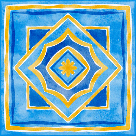 Hand-painted tile design with layered diamond-shaped and curved elements in a vibrant blue and yellow palette. Inspired by Mediterranean ceramic art, ideal for prints and decor.の写真素材