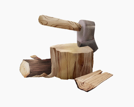 watercolor illustration of a camping ax embedded in a tree stump surrounded by split firewood. Perfect for outdoor-themed designs, forest graphics, adventure materials, and rustic themes.の写真素材