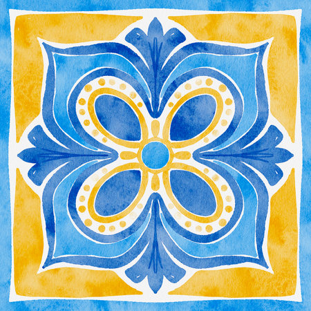 Hand-painted tile in Mediterranean style featuring a bold floral design with rounded petal elements in blue and yellow. Perfect for prints, packaging, and home decor.の写真素材