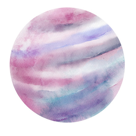 watercolor illustration of a fantasy space planet with horizontal stripes in violet, pink, and blue tones. for kids' space art, educational posters, celestial designs, and whimsical branding.の写真素材