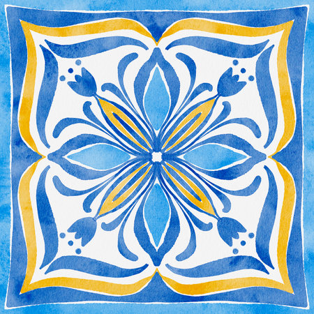 Watercolor tile with symmetrical floral ornament inspired by tulips, painted in vibrant blue and yellow hues. Great for textile patterns, packaging, and interior design.の写真素材