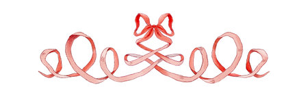 Hand-painted pink ribbon ornament in a swirling shape with a bow, isolated on white background. Ideal for invitations, headers, and romantic designs.の写真素材