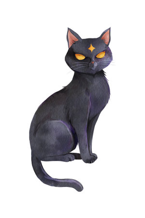 Watercolor illustration of a black cat with yellow eyes and a magical symbol on its forehead, isolated on a white background. Perfect for Halloween designs, witchcraft themes, and spooky sticker sets.の写真素材