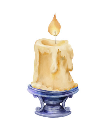Watercolor illustration of a melting candle on an ornate stone pedestal, isolated on a white background. Great for Halloween compositions, magical rituals, and witchcraft sticker sets.の写真素材