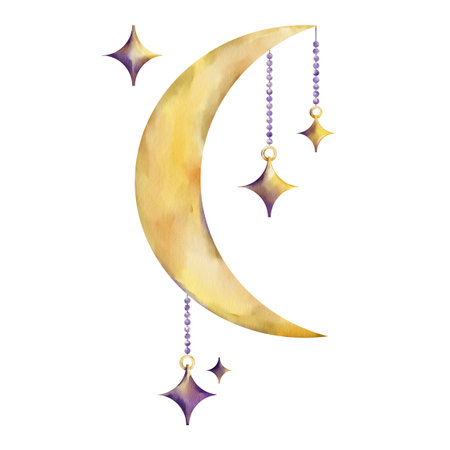 Watercolor illustration of a golden crescent moon with dangling stars on chains, isolated on a white background. For Halloween themes, witchy designs, spiritual branding, and celestial sticker packs.の写真素材