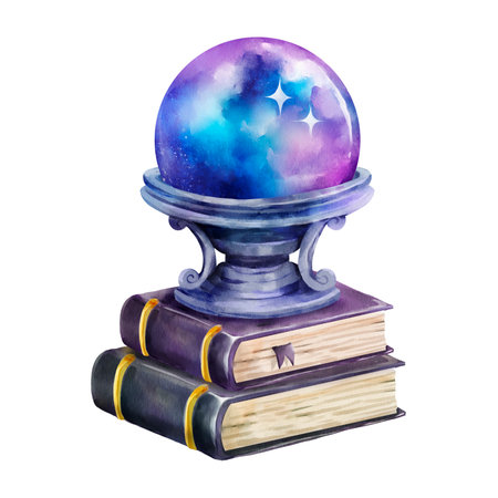 Watercolor illustration of a glowing purple and blue crystal ball on a vintage pedestal, standing on two stacked spell books. Ideal for mystical, esoteric, or witch-themed designs.の写真素材