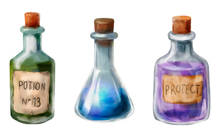 Three watercolor potion bottles: a green vial labeled "Potion No. 13", a blue alchemical flask, and a violet bottle labeled "Protect". Hand-painted style, isolated on white background.の写真素材