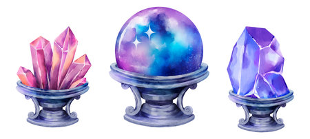Watercolor illustration of three magical objects: pink crystals, a glowing galaxy crystal ball, and a violet gemstone, each placed on ornate vintage pedestals. Isolated on white background.の写真素材