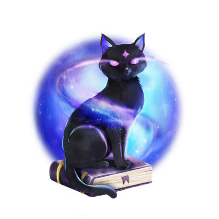 Watercolor illustration of a black cat with glowing purple eyes and a galaxy aura, sitting on a magic book, isolated on a white background. For Halloween designs, witchy sticker packs, mystical kits.の写真素材