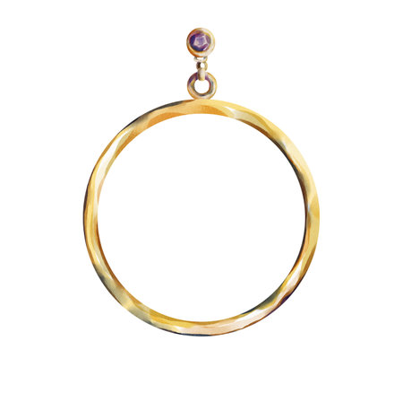 Watercolor illustration of a golden circular frame with a loop and violet gemstone on top. Perfect for mystical compositions, magic symbols, spells, or decorative designs.の写真素材