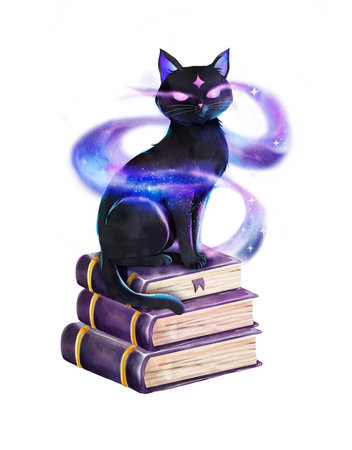 Watercolor black cat with glowing eyes and a forehead symbol sits atop stacked purple spell books, surrounded by swirling cosmic energy in a magical and mystical style.の写真素材