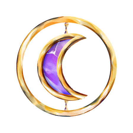 Watercolor illustration of a crescent moon with a purple gemstone texture, suspended within a golden double circle frame. Ideal for magical emblems, witchy designs, stickers, and fantasy decor.の写真素材