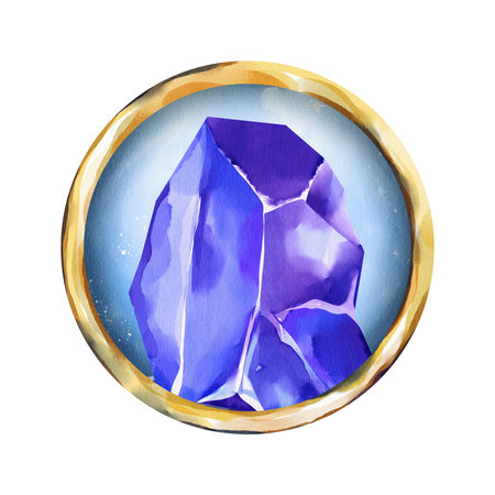 Watercolor illustration of a vibrant purple crystal inside a golden round frame with soft blue background. Perfect for mystical badges, fantasy icons, stickers, and magical clipartの写真素材