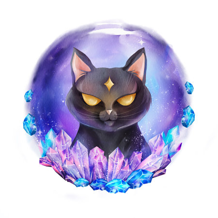 Watercolor illustration of a black cat with glowing golden eyes, framed by purple and blue crystals and a cosmic halo. Magical composition with mystical and witchy atmosphere.の写真素材