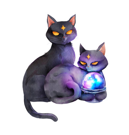 Watercolor illustration of two mystical black cats with golden eyes, sitting together. One of them holds a glowing crystal orb with a cosmic galaxy texture. Ideal for magical, spiritual or fantasy projects.の写真素材