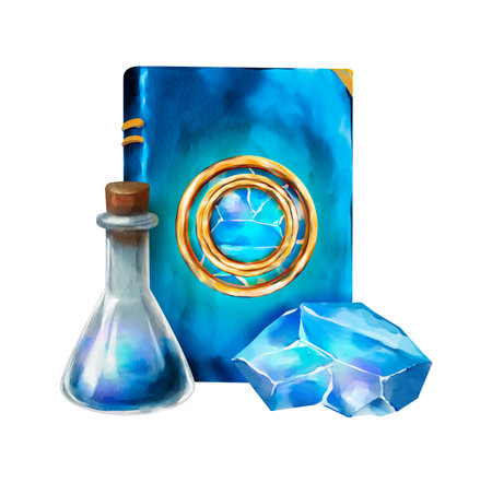 Watercolor fantasy illustration featuring a blue alchemy book with a glowing gemstone emblem, a flask with blue elixir, and two shimmering crystals. Perfect for magic-themed designs and storytelling.の写真素材