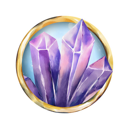 Watercolor illustration of a cluster of sharp purple crystals inside a round golden frame on a light background. Suitable for magical, mystical, or spiritual-themed designs and products.の写真素材