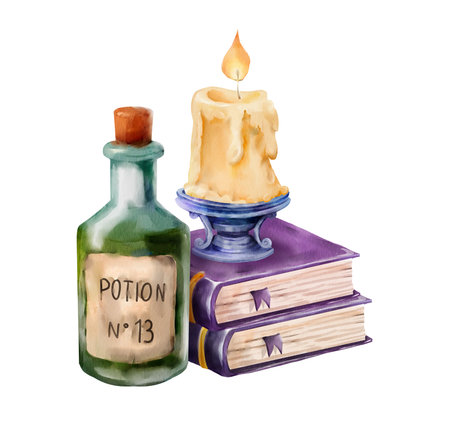 Watercolor illustration of a green potion bottle labeled âPotion No. 13â, an old melting candle on a holder, and two purple spell books. Ideal for fantasy, witchcraft, or magical design projects.の写真素材