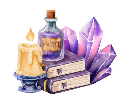 Watercolor composition with a burning candle, purple âProtectâ potion bottle, stacked spellbooks and glowing pink-violet crystals. Ideal for mystical, magical, and fantasy-themed projectsの写真素材