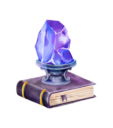 Watercolor illustration of a large purple amethyst crystal on a metal stand, placed on top of a thick spellbook with a violet cover. A mystical object for magical, fantasy, or esoteric designs.の写真素材