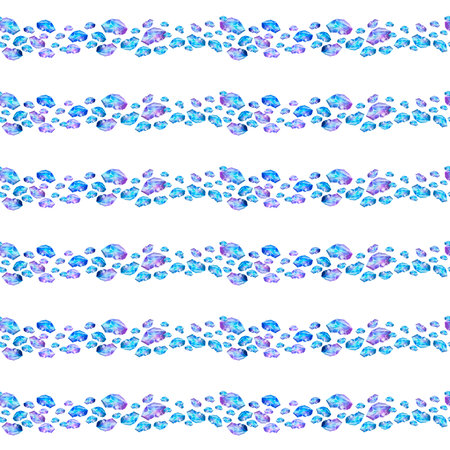 Watercolor seamless border pattern with sparkling gemstones in blue, violet and pink tones. Repeating horizontal design on a white background. Suitable for magical and fantasy-themed projects.の写真素材