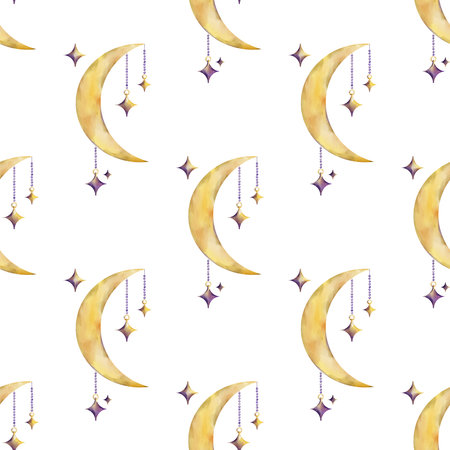 Watercolor seamless pattern with golden crescent moons and hanging stars on a white background. Perfect for mystical, celestial, and magical-themed design projects.の写真素材