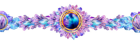Watercolor illustration of a mystical order composed of radiant crystals and a central gemstone framed in gold. Perfect for fantasy projects, magical emblems, and enchanted badges.の写真素材