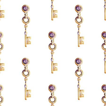 Watercolor seamless pattern with golden antique keys repeating vertically on a white background. Suitable for magical, mystical, and esoteric-themed design projects.の写真素材