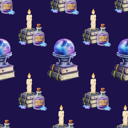 Seamless watercolor pattern on dark blue background featuring a crystal ball, candle, a "Protect" potion bottle. for Halloween designs, magical packaging, fantasy textiles, and mystic stationery.の写真素材