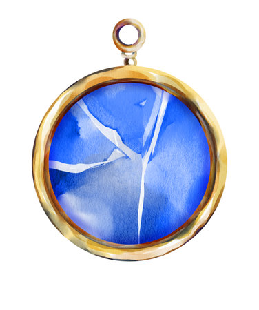 Watercolor illustration of a round pendant with a vibrant blue crystal inside a golden frame. The crystal has sharp, natural facets and a luminous texture. Perfect for mystical or fantasy themes.の写真素材