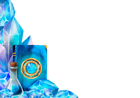 Watercolor illustration of a mystical background corner: glowing blue crystals, a potion bottle, and a magical book with golden rings. Suitable for banners, invitations, or magical projects.の写真素材